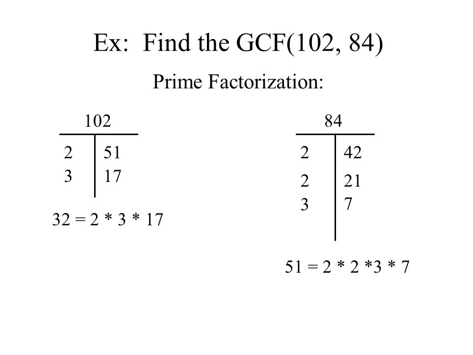 Ex: Find the GCF(102, 84) Prime Factorization: