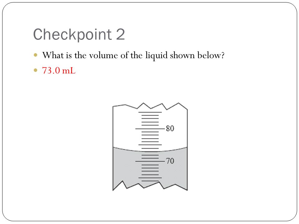 Checkpoint 2 What is the volume of the liquid shown below 73.0 mL