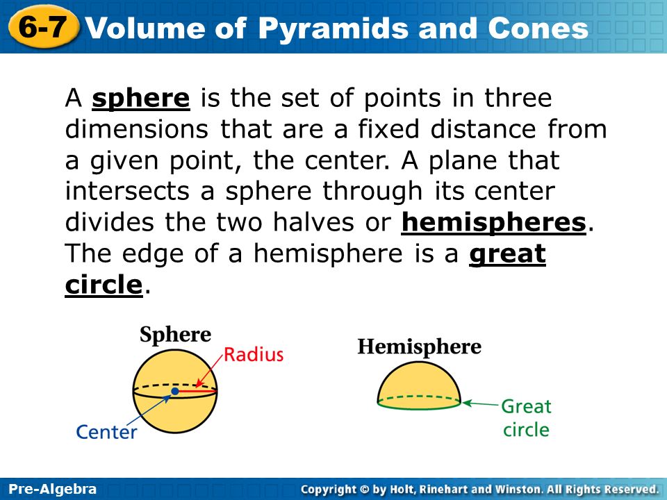 A sphere is the set of points in three dimensions that are a fixed distance from a given point, the center.