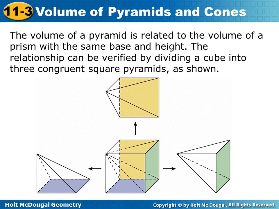The volume of a pyramid is related to the volume of a prism with the same base and height.
