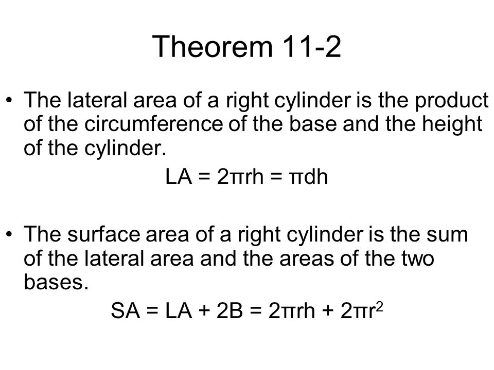 Theorem 11-2 The lateral area of a right cylinder is the product of the circumference of the base and the height of the cylinder.