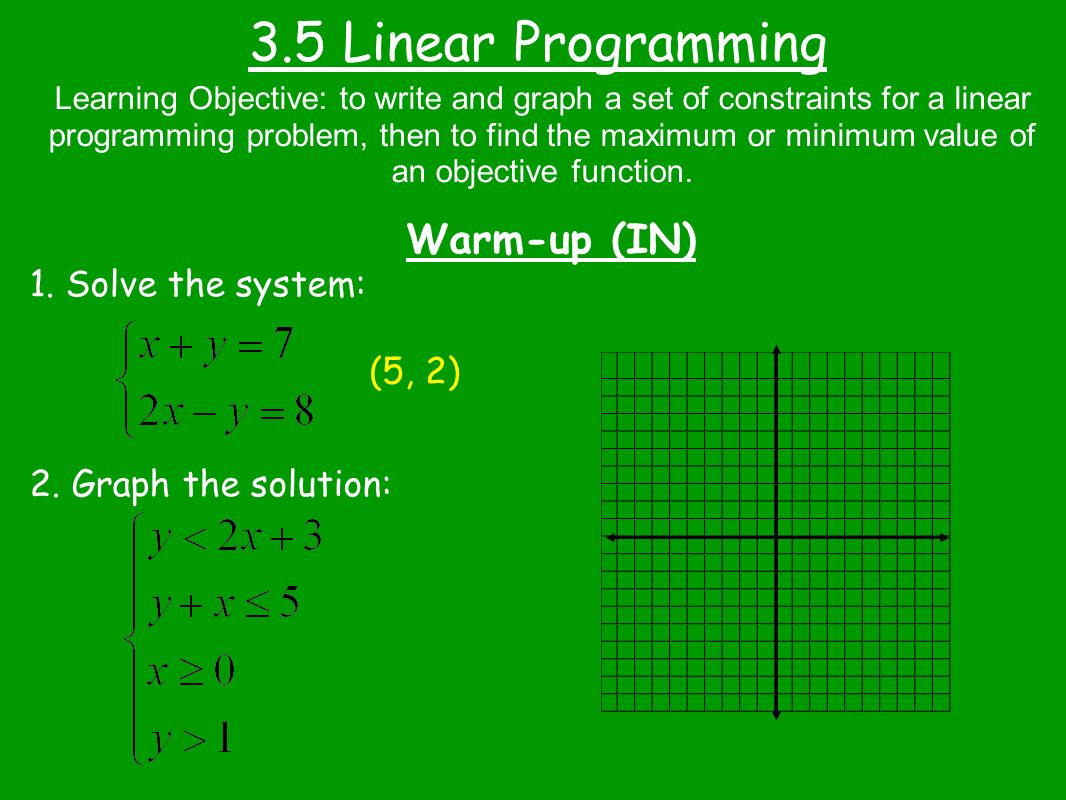 3.5 Linear Programming Warm-up (IN) 1. Solve the system: (5, 2)