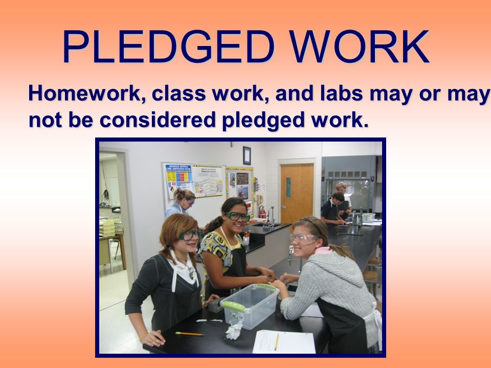 PLEDGED WORK Homework, class work, and labs may or may not be considered pledged work.