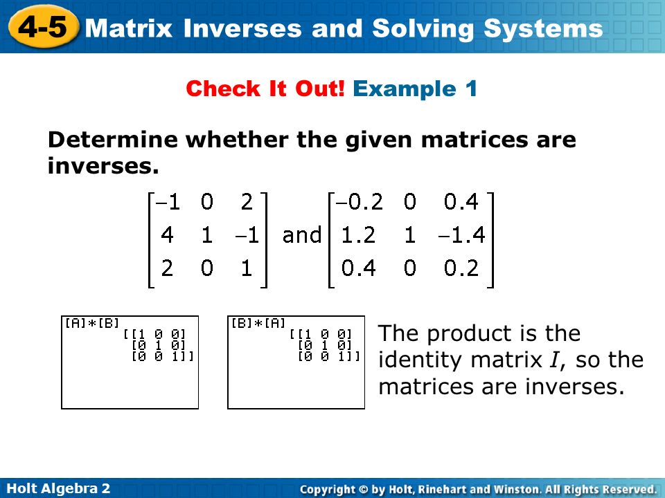 Check It Out. Example 1 Determine whether the given matrices are inverses.