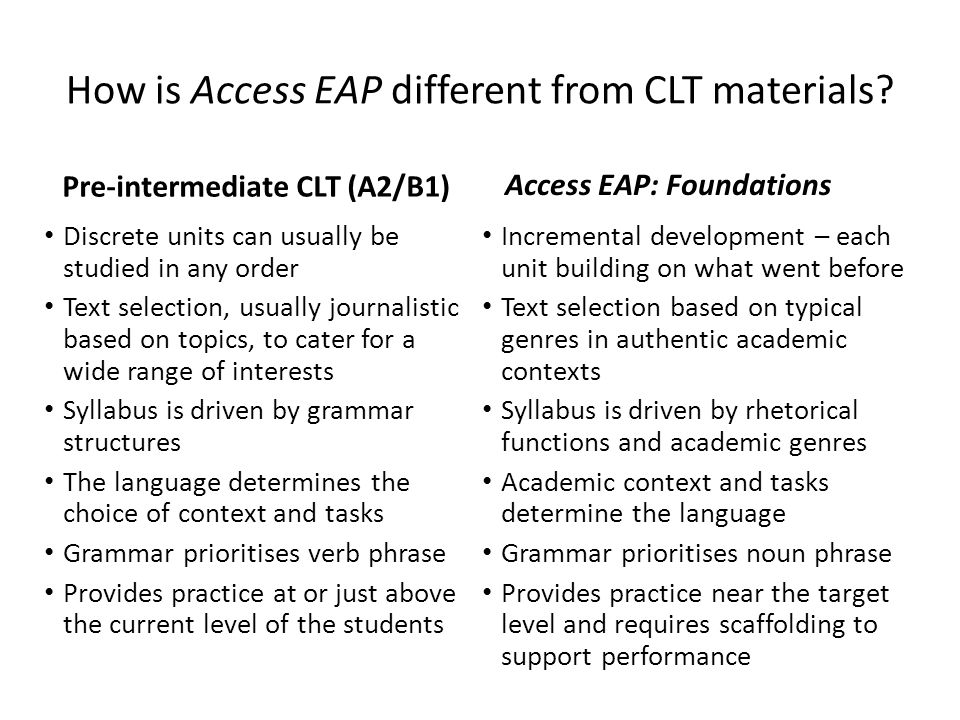 How is Access EAP different from CLT materials