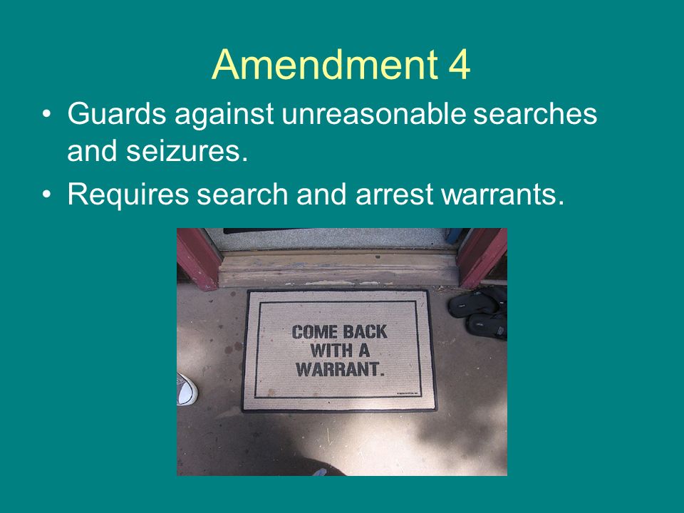 Amendment 4 Guards against unreasonable searches and seizures.