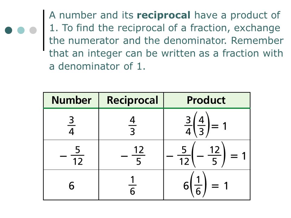 A number and its reciprocal have a product of 1