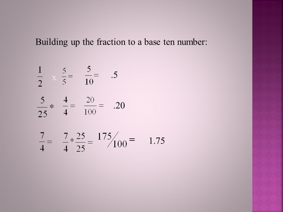 Building up the fraction to a base ten number: