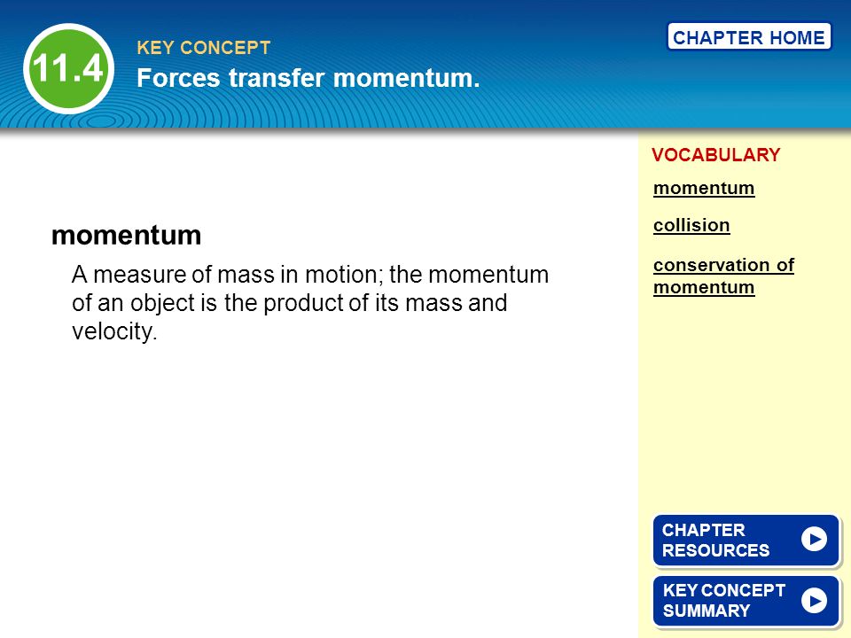 11.4 momentum Forces transfer momentum.