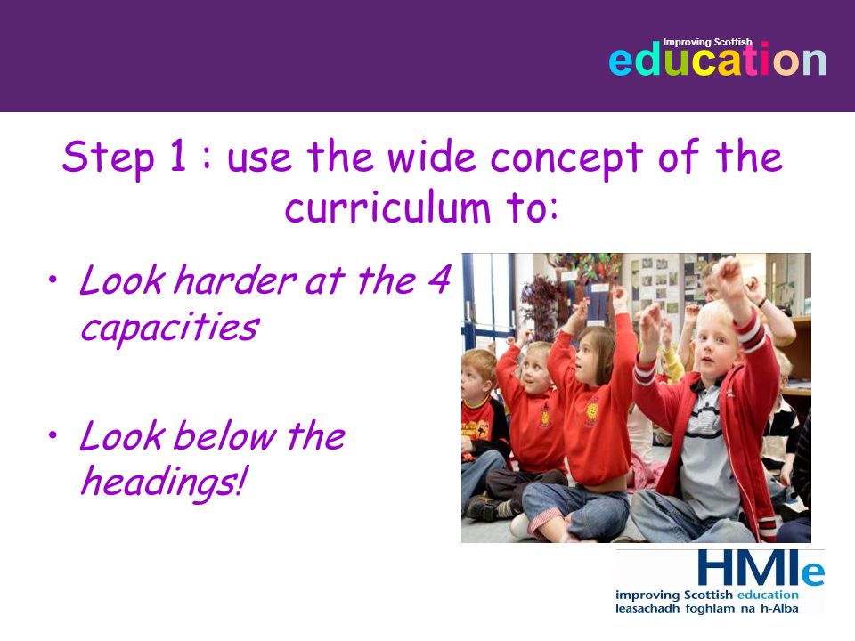 Step 1 : use the wide concept of the curriculum to: