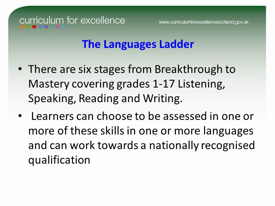 The Languages Ladder There are six stages from Breakthrough to Mastery covering grades 1-17 Listening, Speaking, Reading and Writing.