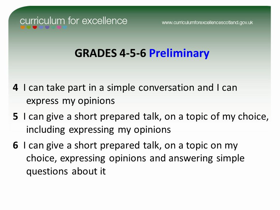 GRADES Preliminary 4 I can take part in a simple conversation and I can express my opinions.