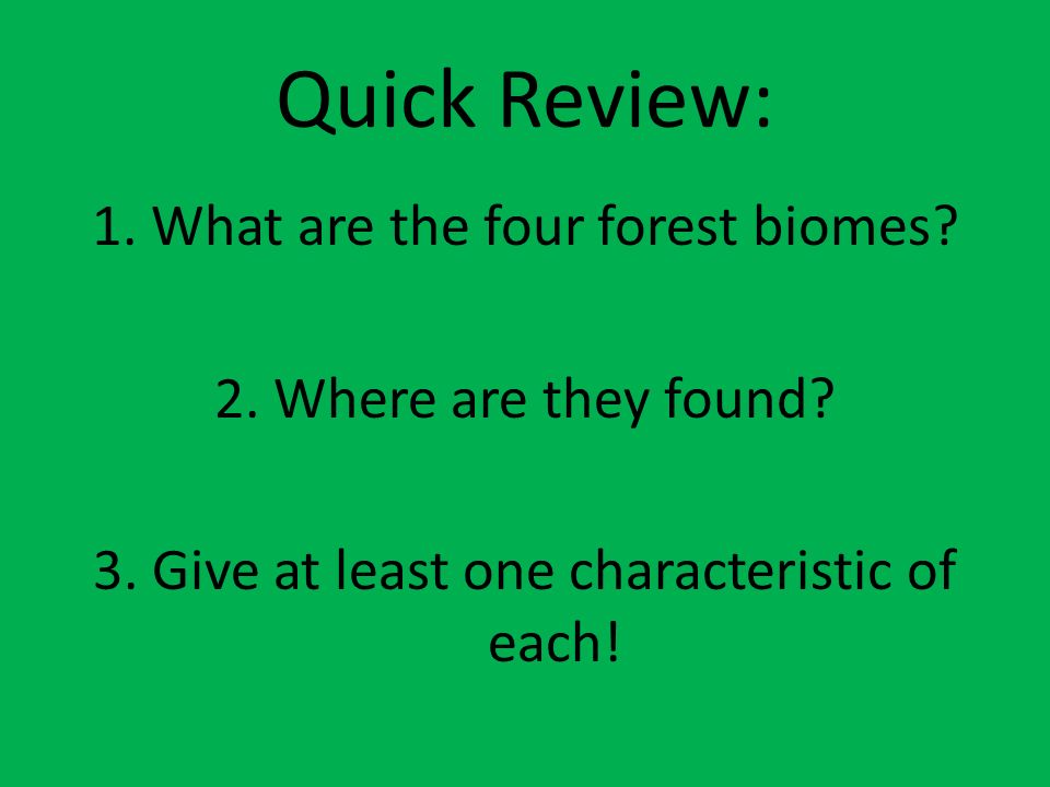 Quick Review: What are the four forest biomes Where are they found