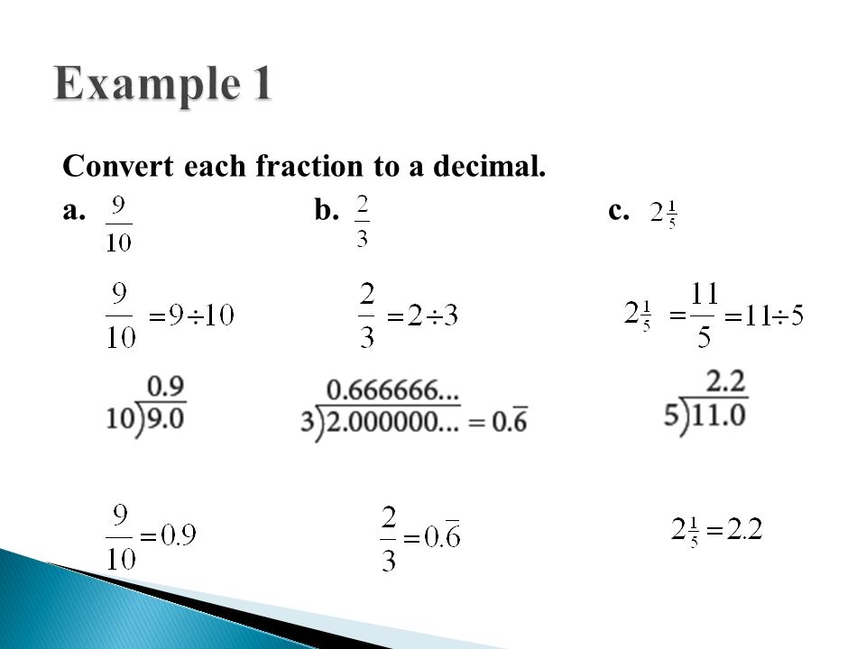 Example 1 Convert each fraction to a decimal. a. b. c.