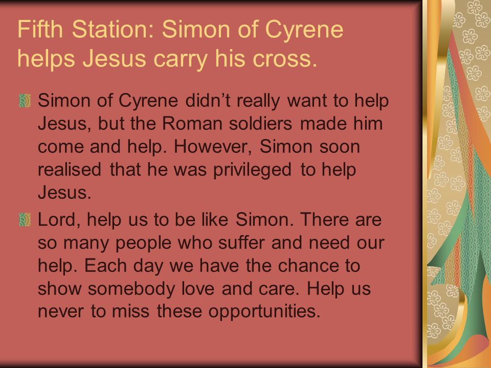 Fifth Station: Simon of Cyrene helps Jesus carry his cross.