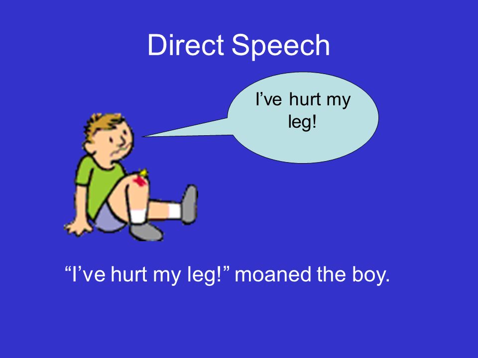 Direct Speech I’ve hurt my leg! I’ve hurt my leg! moaned the boy.