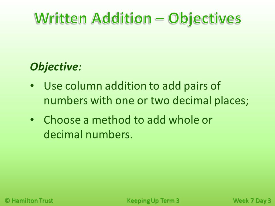 Written Addition – Objectives