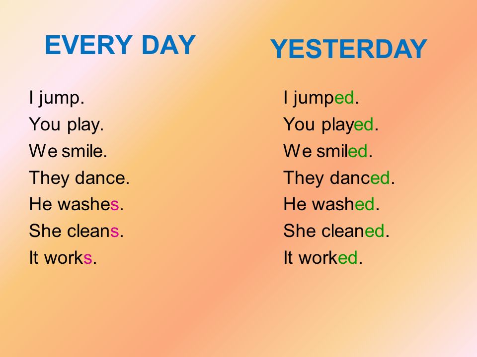 EVERY DAY YESTERDAY I jump. You play. We smile. They dance. He washes.