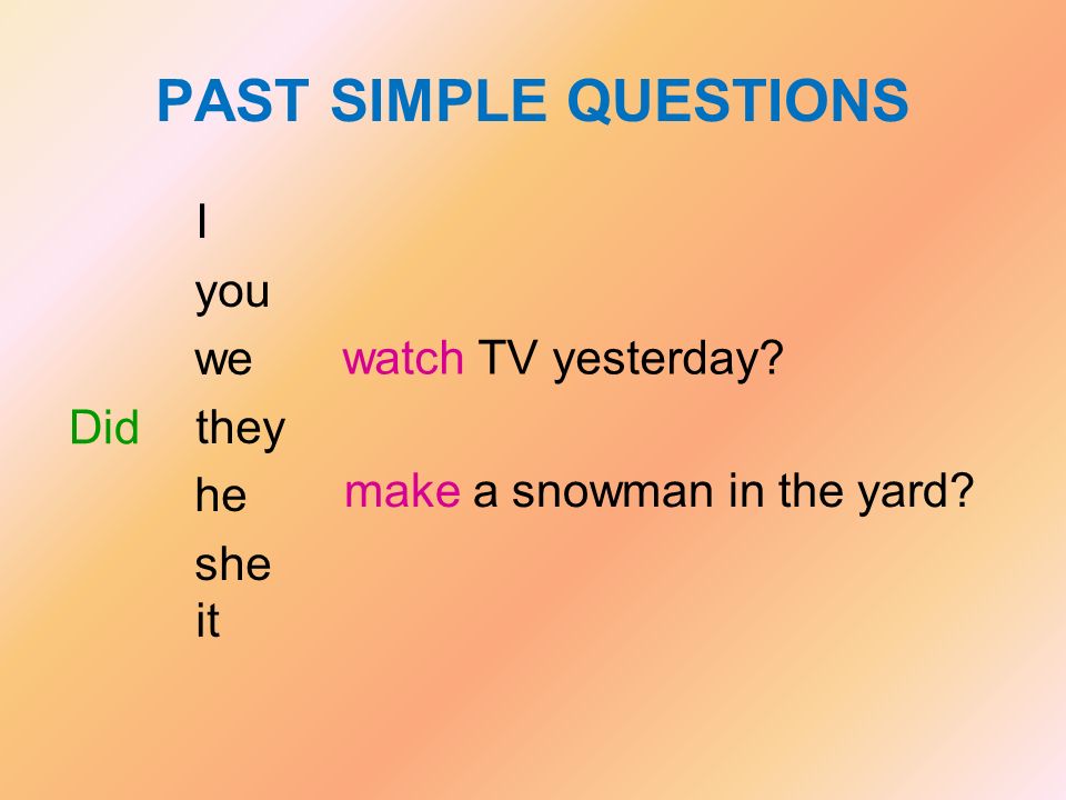 PAST SIMPLE QUESTIONS I you we they he watch TV yesterday she it Did