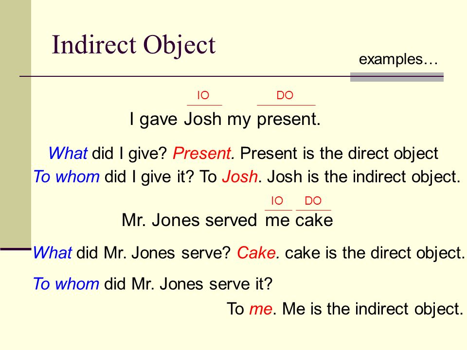Indirect Object I gave Josh my present. Mr. Jones served me cake