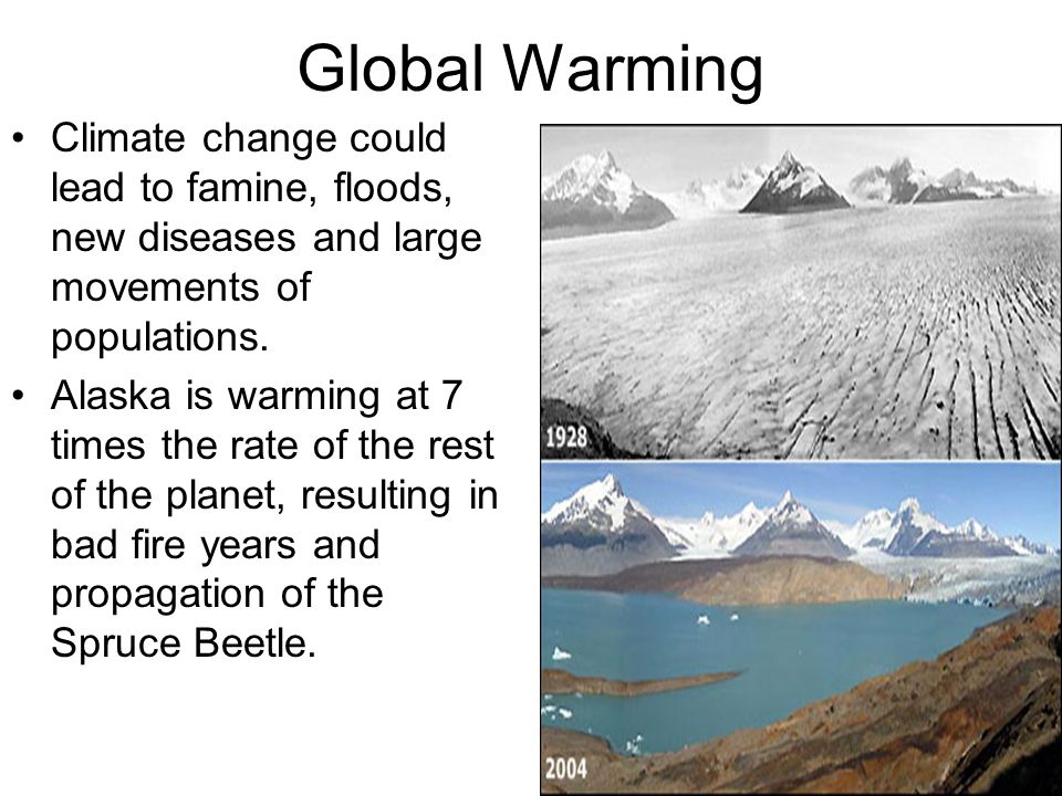 Global Warming Climate change could lead to famine, floods, new diseases and large movements of populations.