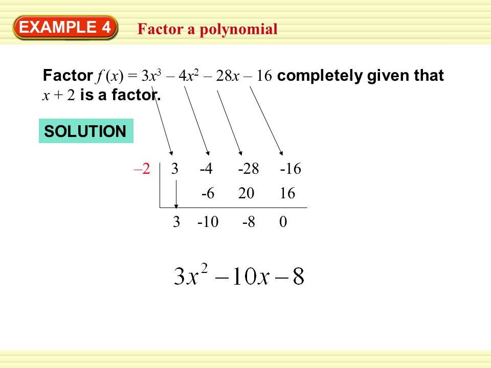 EXAMPLE 4 Factor a polynomial. Factor f (x) = 3x3 – 4x2 – 28x – 16 completely given that. x + 2 is a factor.