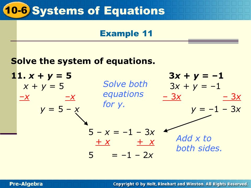 Example 11 Solve the system of equations. 11. x + y = 5 3x + y = –1. Solve both equations for y.