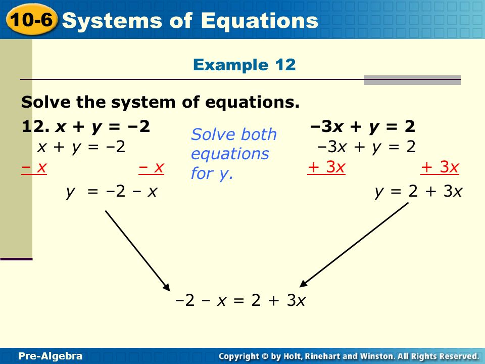 Example 12 Solve the system of equations. 12. x + y = –2 –3x + y = 2. Solve both equations for y.