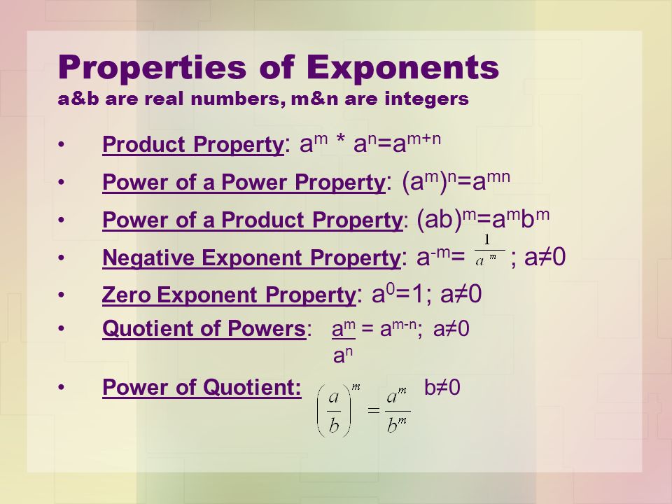 Properties of Exponents a&b are real numbers, m&n are integers