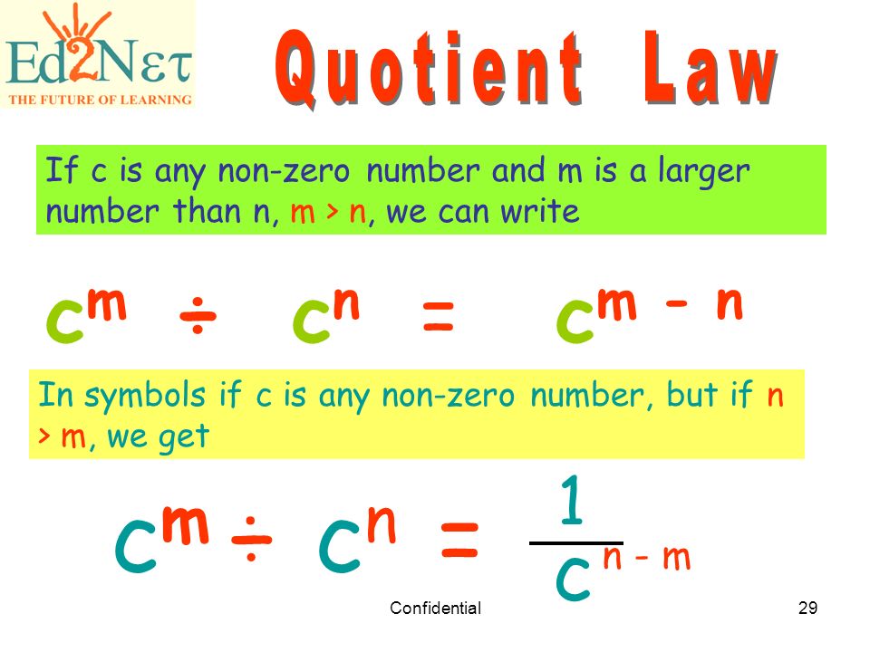 cm ÷ cn = cm ÷ cn = cm - n c 1 Quotient Law n - m