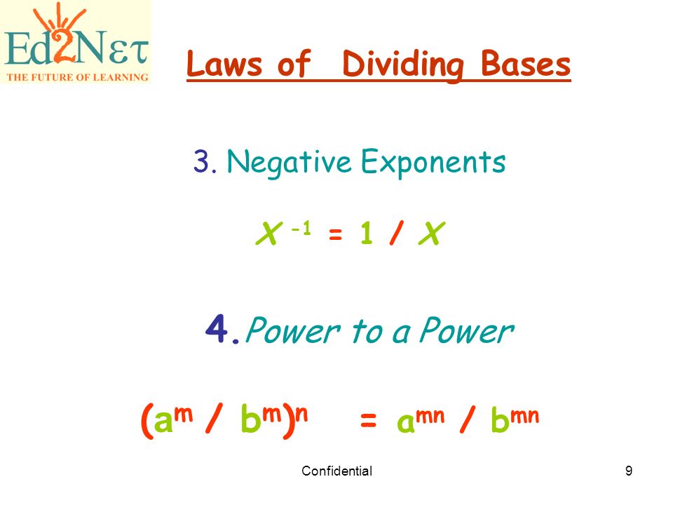 4.Power to a Power (am / bm)n = amn / bmn Laws of Dividing Bases
