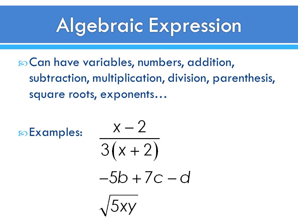 Algebraic Expression Can have variables, numbers, addition, subtraction, multiplication, division, parenthesis, square roots, exponents…
