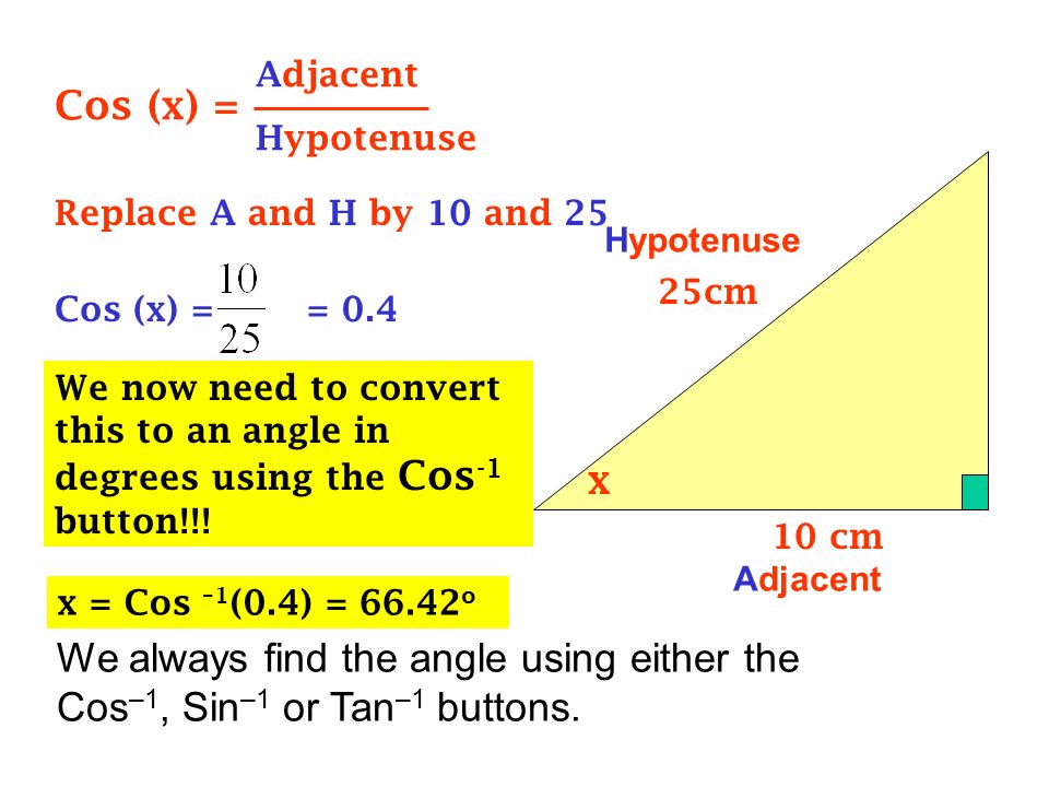 Cos (x) = Adjacent. Hypotenuse. 10 cm. 25cm. x. Replace A and H by 10 and 25. Hypotenuse. Cos (x) =