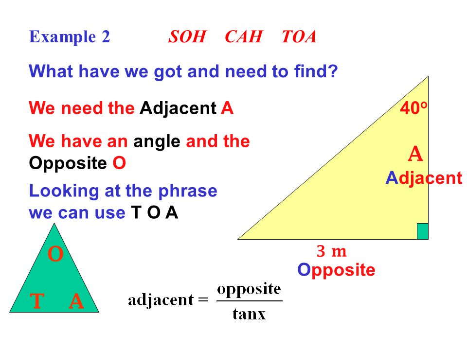 A T O A Example 2 SOH CAH TOA What have we got and need to find