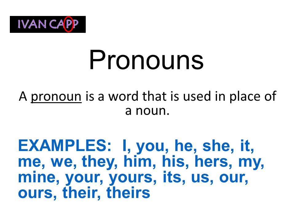 A pronoun is a word that is used in place of a noun.