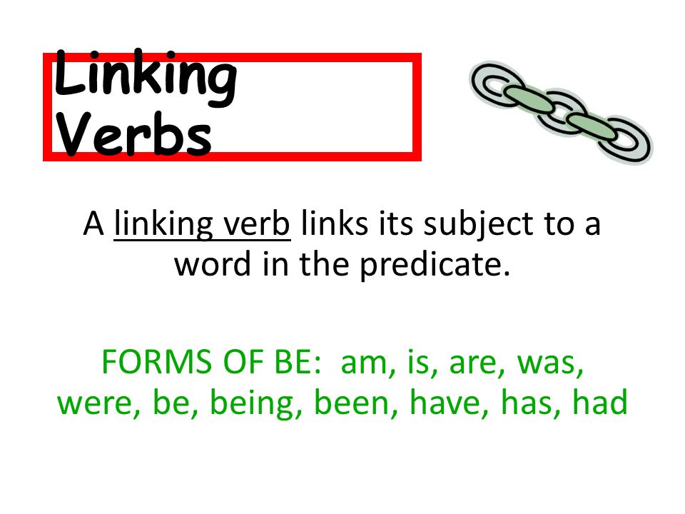 Linking Verbs A linking verb links its subject to a word in the predicate.