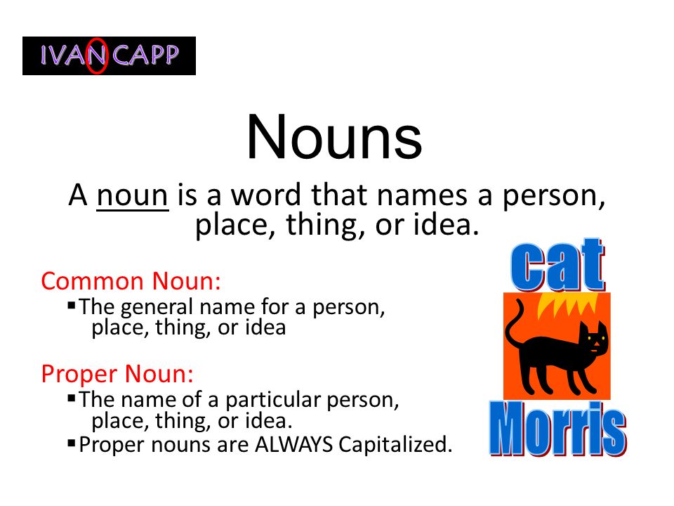 A noun is a word that names a person, place, thing, or idea.