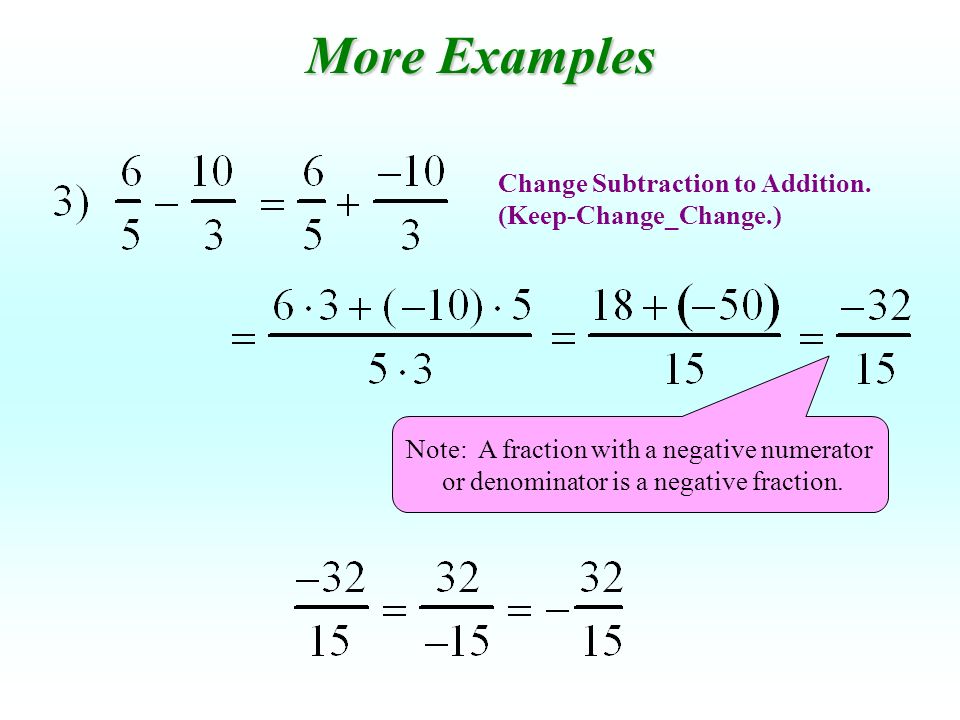 More Examples Change Subtraction to Addition. (Keep-Change_Change.)