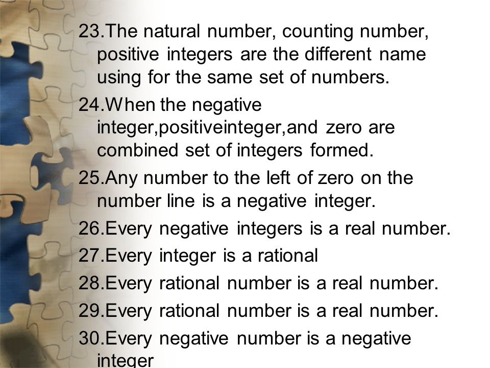 23.The natural number, counting number, positive integers are the different name using for the same set of numbers.