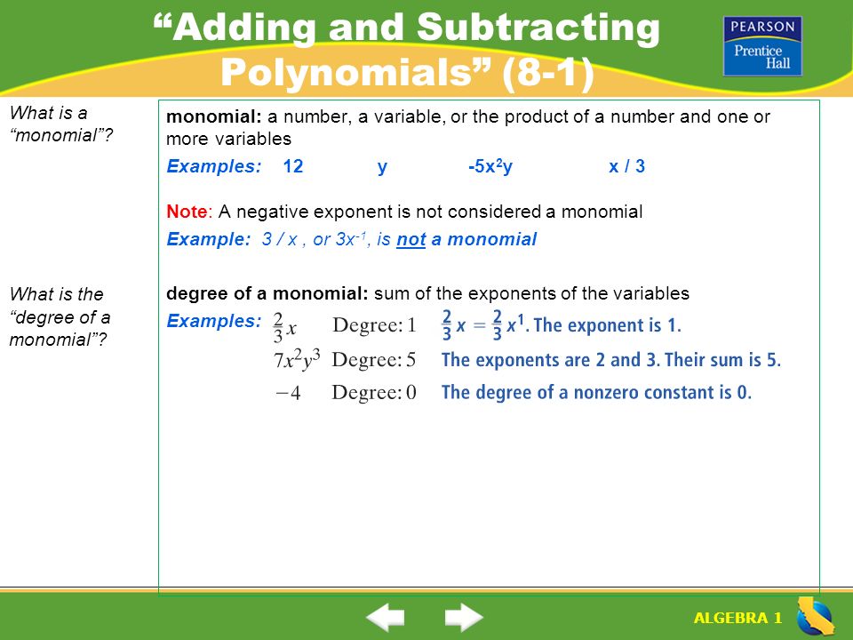 Adding and Subtracting Polynomials (8-1)