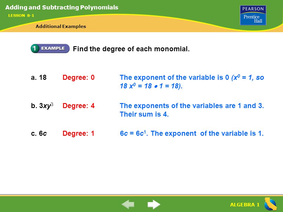 Find the degree of each monomial.