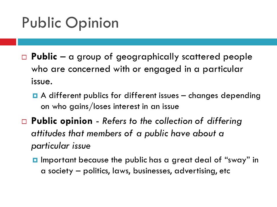 Public Opinion Public – a group of geographically scattered people who are concerned with or engaged in a particular issue.