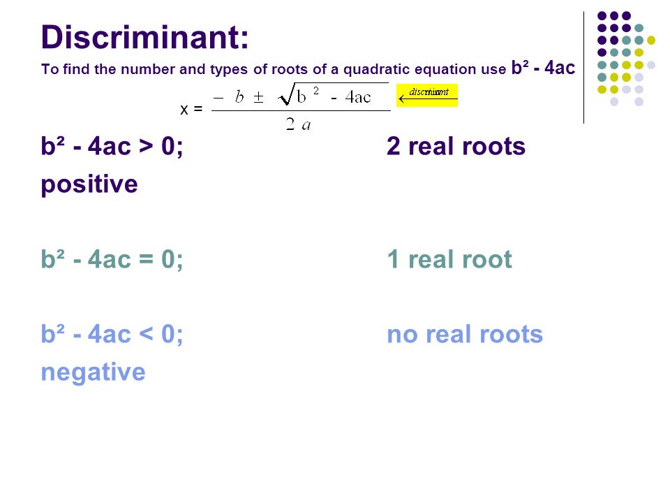 Discriminant: To find the number and types of roots of a quadratic equation use b² - 4ac