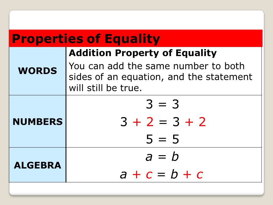 Properties of Equality 3 = = = 5 a = b a + c = b + c