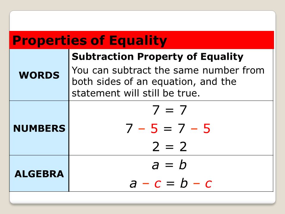 Properties of Equality 7 = 7 7 – 5 = 7 – 5 2 = 2 a = b a – c = b – c