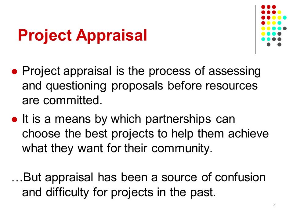 Project Appraisal Project appraisal is the process of assessing and questioning proposals before resources are committed.