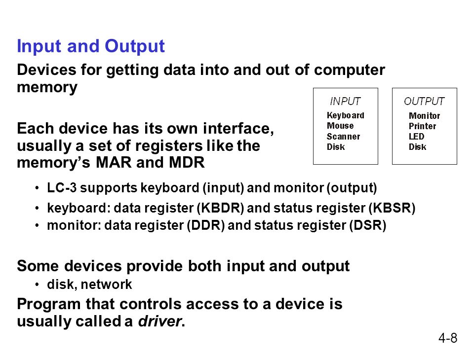 Input and Output Devices for getting data into and out of computer memory.