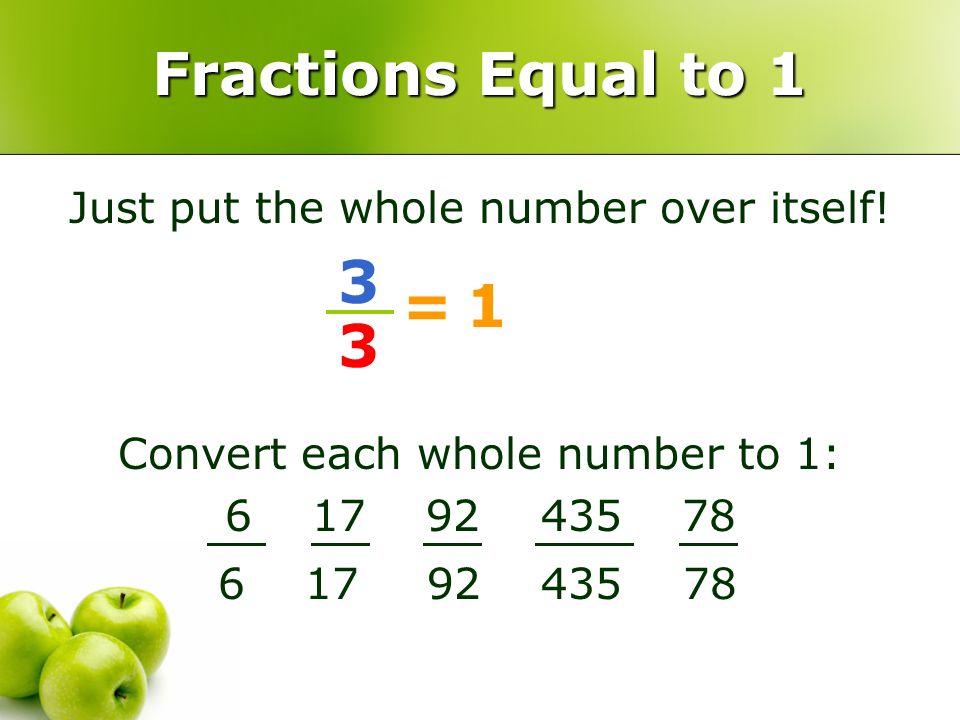 Fractions Equal to 1 1 = 3 Just put the whole number over itself!