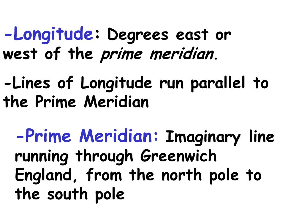-Longitude: Degrees east or west of the prime meridian.