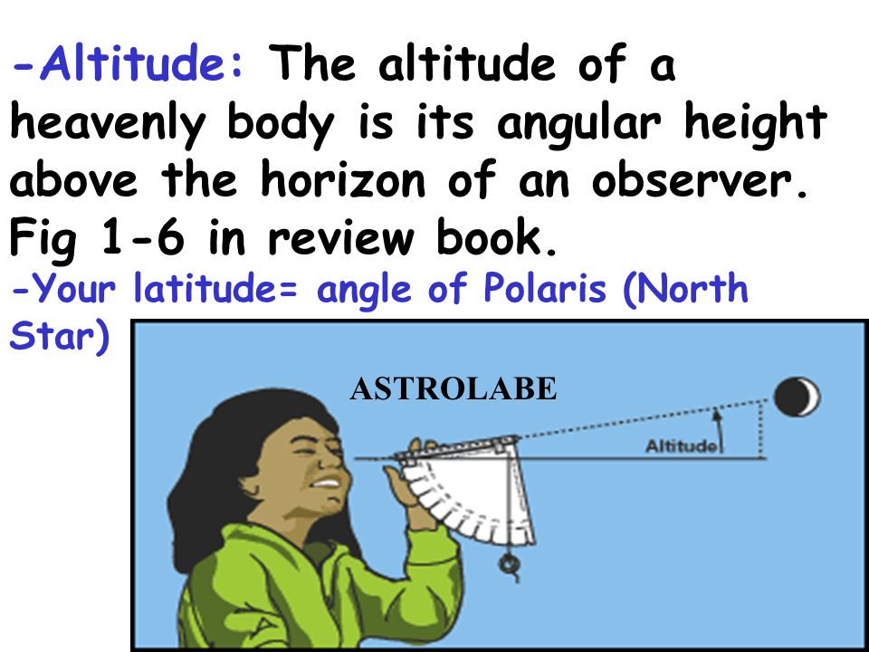 -Altitude: The altitude of a heavenly body is its angular height above the horizon of an observer. Fig 1-6 in review book.
